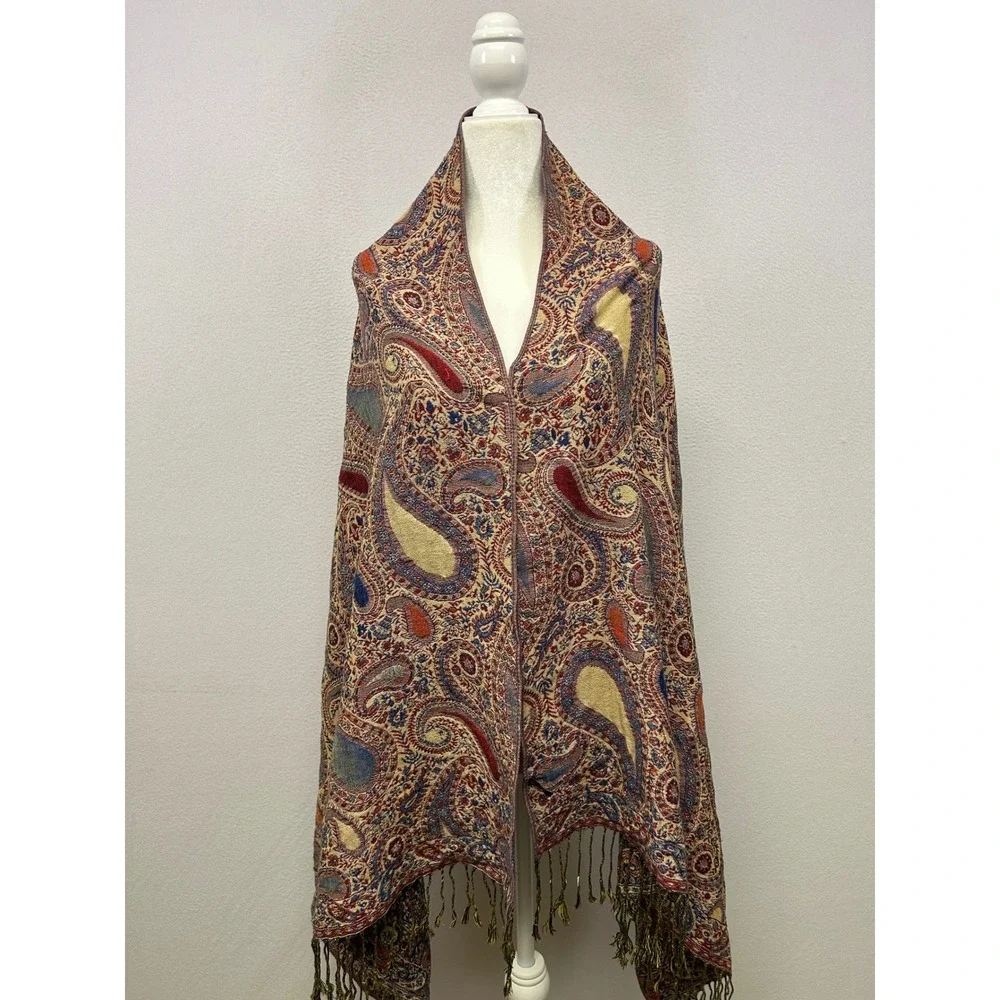 Boho Artistic Layering Womens OS Blue Red Paisley Pashmina Wrap Scarf